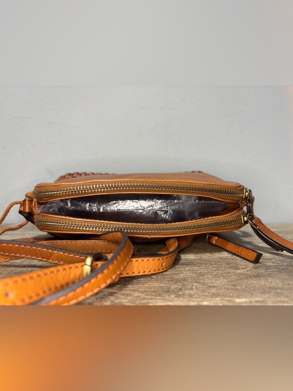 Woven Leather Crossbody Bag in Camel - Picture 7 of 12